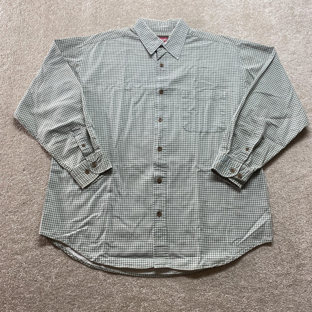 Wrangler Button Down Shirt Mens Large Green Micro Check Long Sleeve Cotton